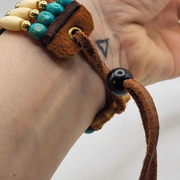 Native American Carved Horn Bovine Brass Wood Leather Bracelet 10in - Picture 4 of 4